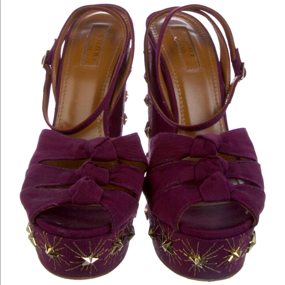 $895 AQUAZZURA Mira Embellished Twill Platform Sandal Plum 37.5 - Picture 6 of 12
